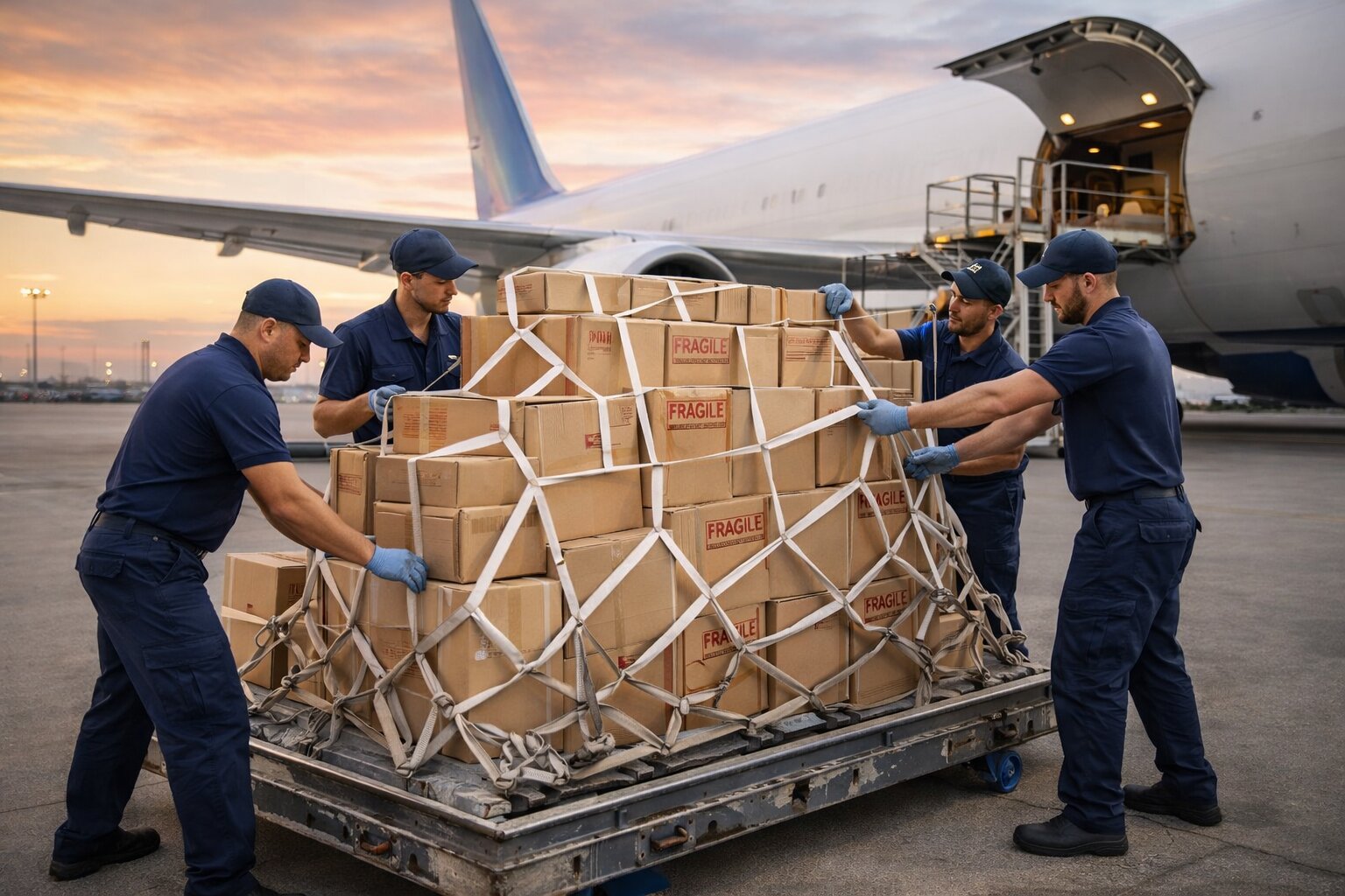 international movers loading air freight cargo pallet at airport