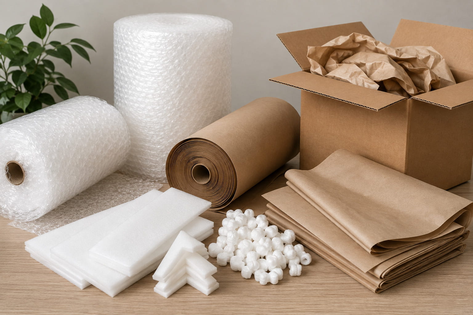 Professional packing materials including bubble wrap, packing paper, foam sheets, corner protectors, and cushioning supplies for safe moving.