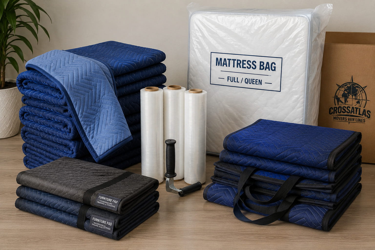 Professional moving blankets, stretch wrap, mattress bags, and furniture pads used to protect furniture during local and long-distance moves.