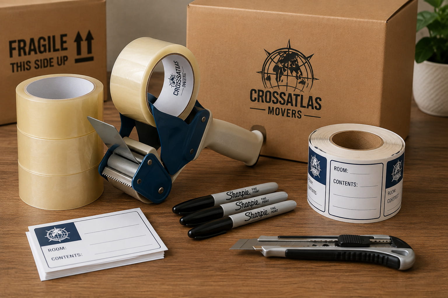 Professional packing tape, tape dispenser, box labels, permanent markers, and utility knife used for organizing and sealing moving boxes.