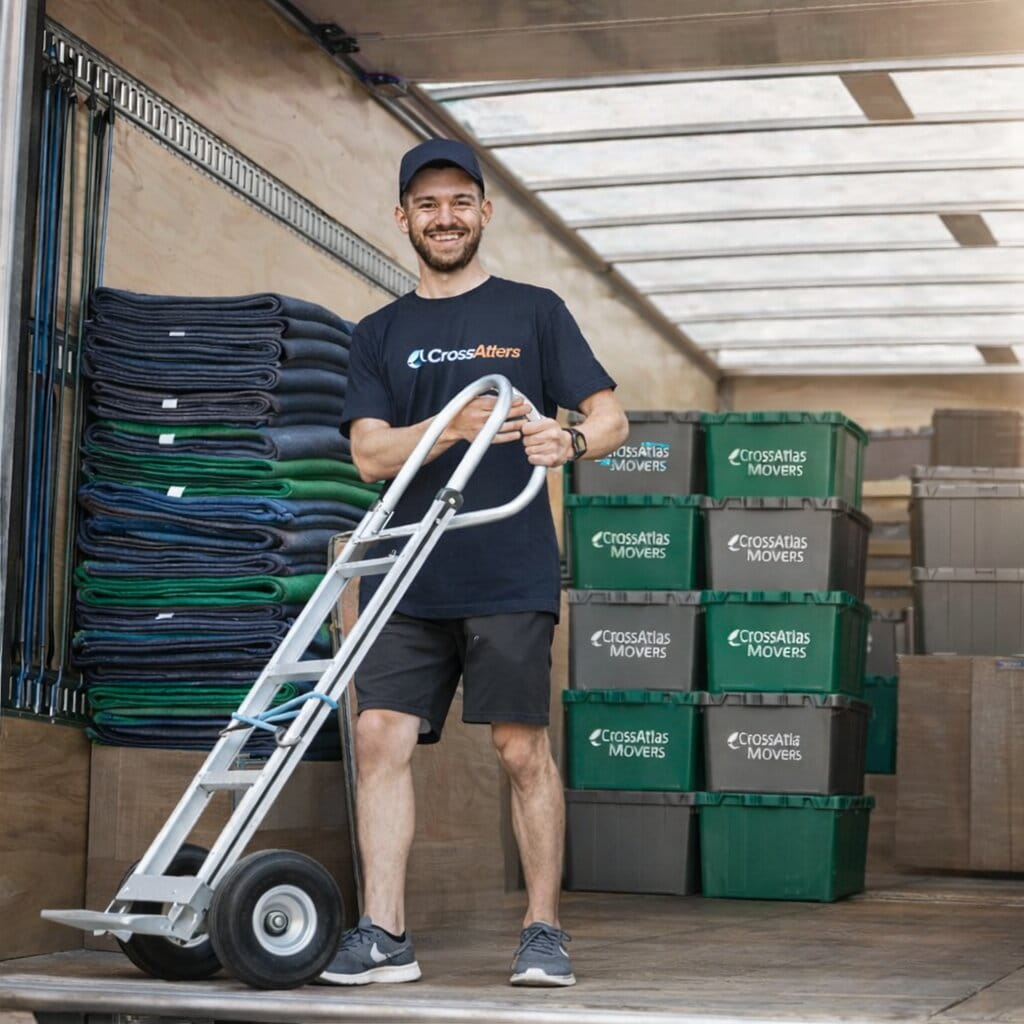 Professional mover loading packed household boxes into moving truck for cross-border relocation between Canada and the United States