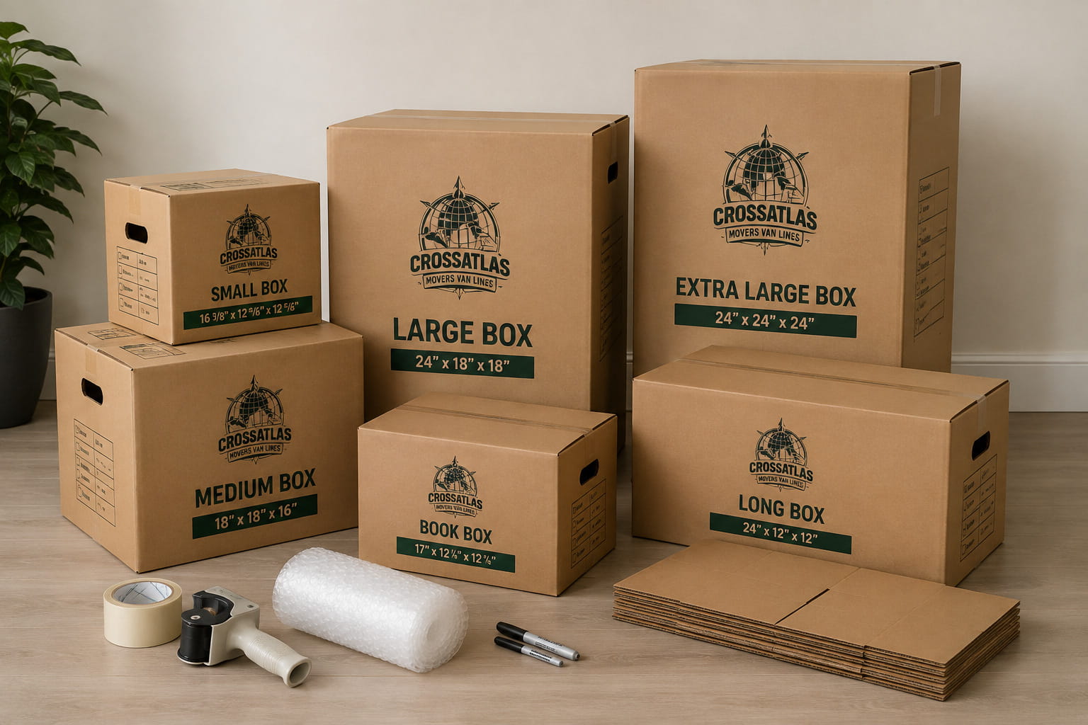 Professional wardrobe boxes, TV boxes, mirror boxes, and dish pack boxes designed to protect fragile household items during moving.
