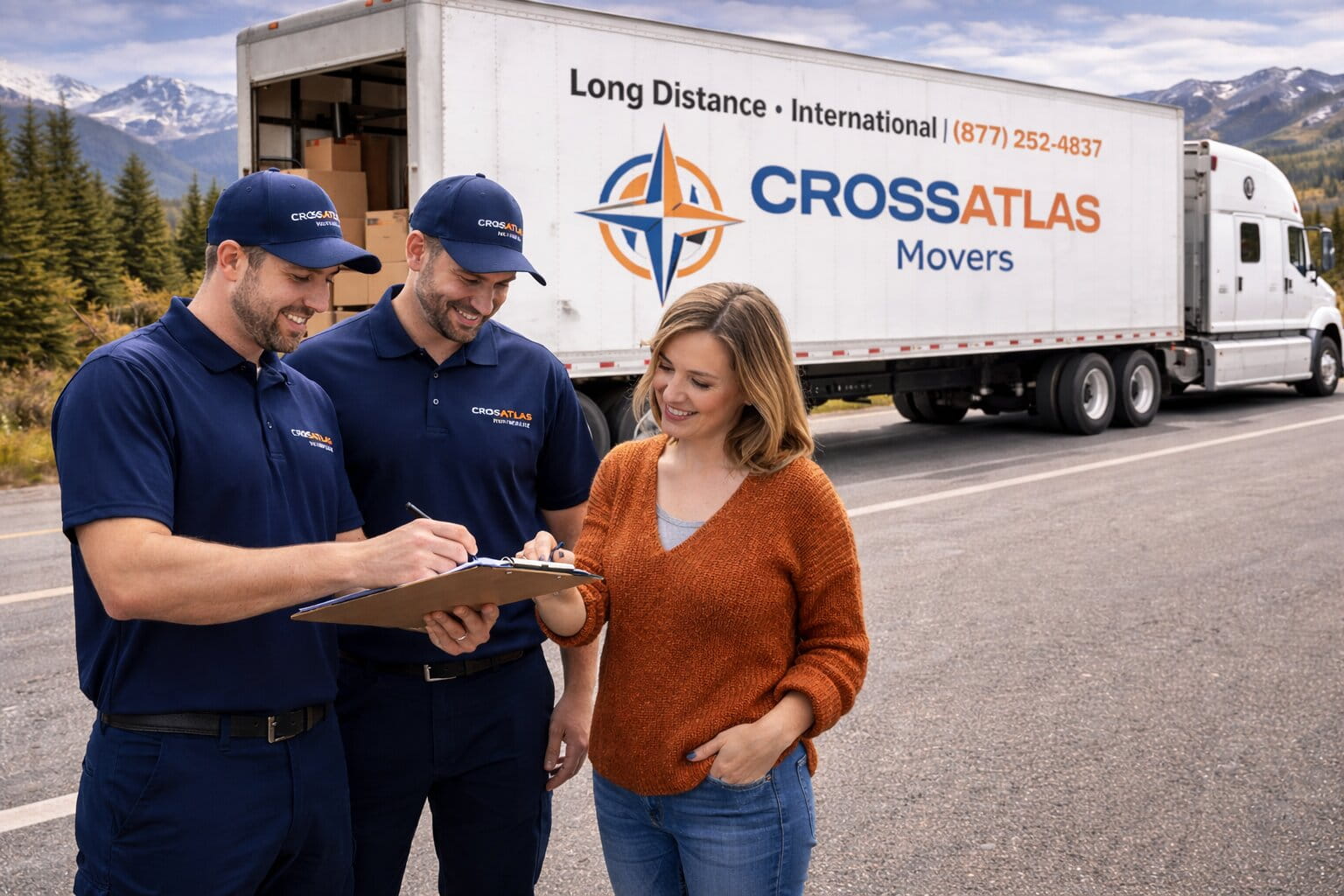 Two CrossAtlas Movers crew members reviewing paperwork with customer beside long haul moving truck for Vancouver to Grande Prairie relocation