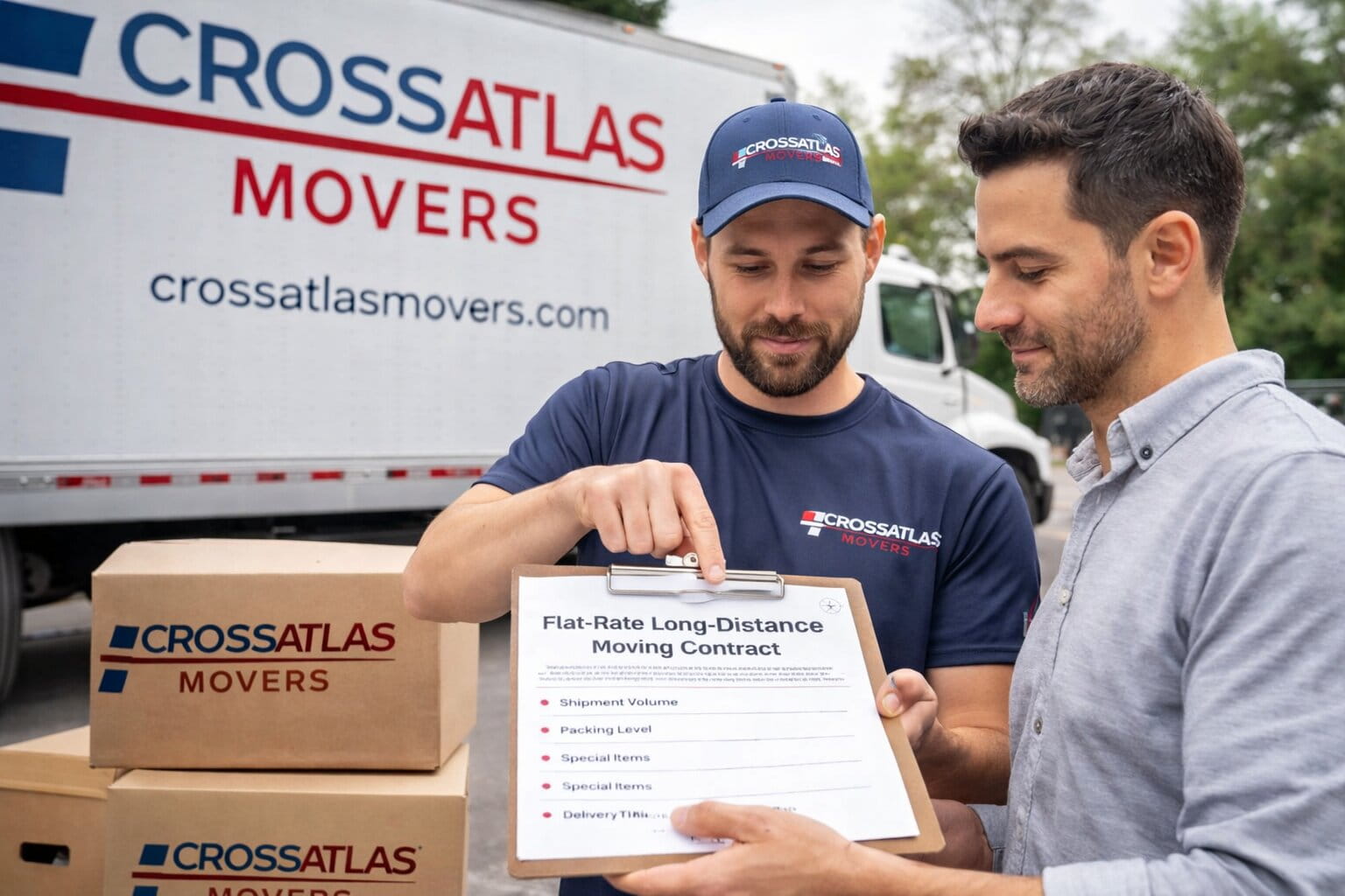 Vancouver to Fort McMurray movers reviewing flat-rate moving contract with customer