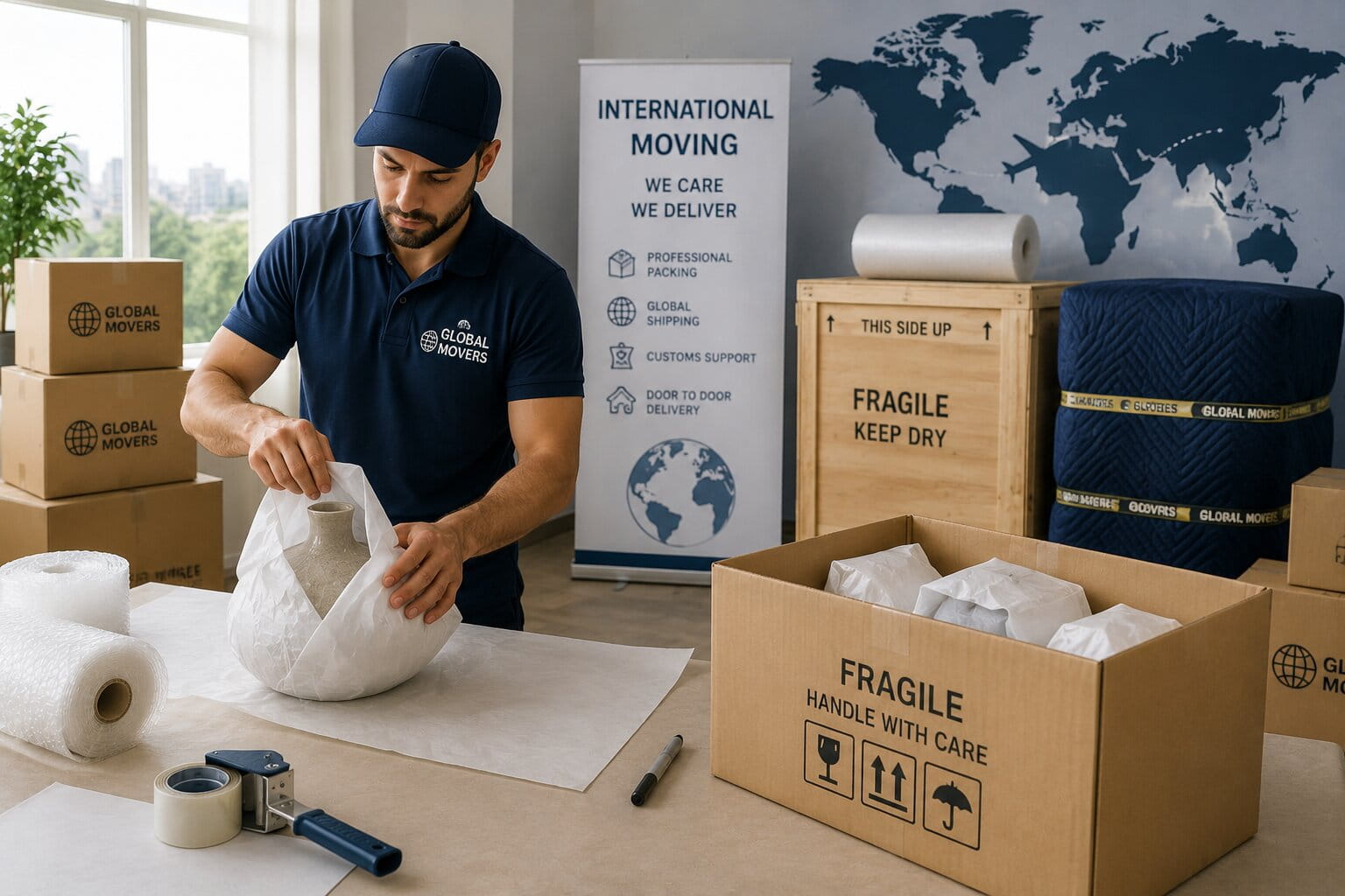 Professional mover packing fragile household items for international relocation using export-quality packing materials and overseas shipping boxes.