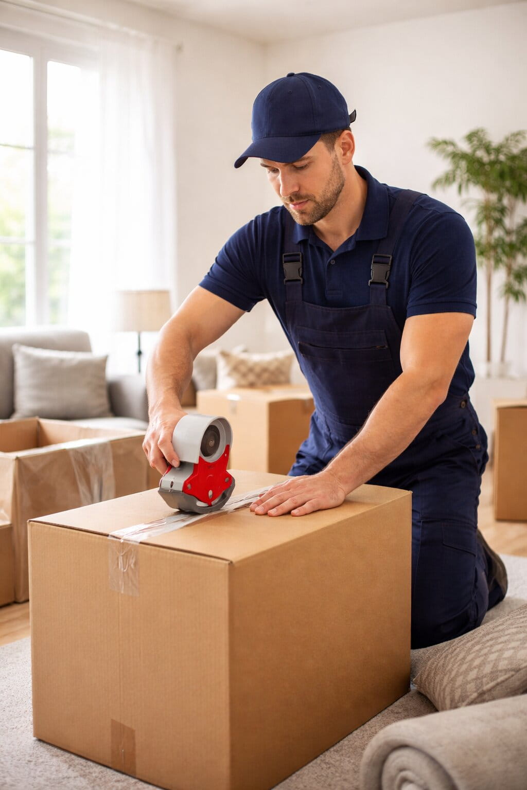Mover sealing cardboard box with tape in living room during packing process. Vancouver to Charlottetown Movers