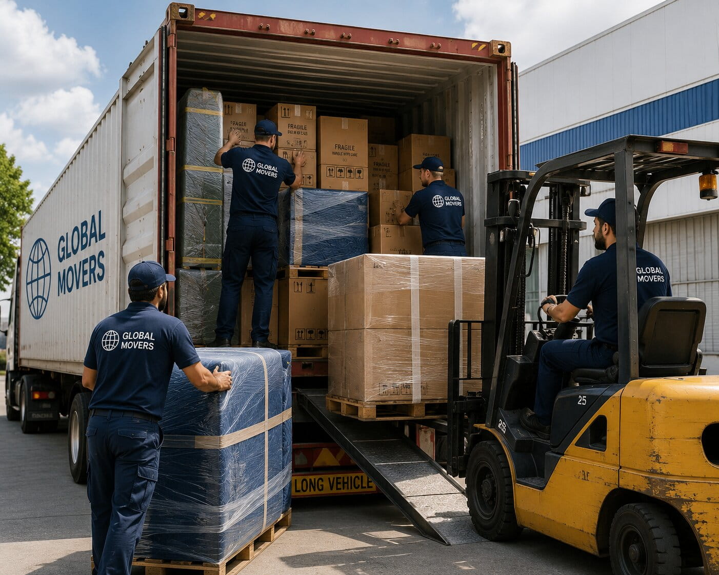 Professional movers loading furniture, boxes, and household goods into an international shipping container for overseas relocation