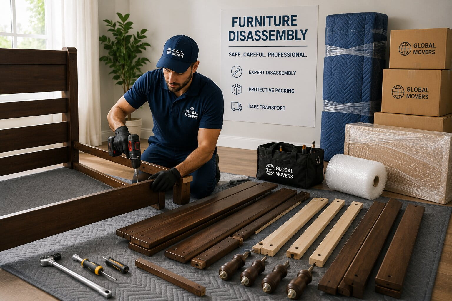 Professional mover disassembling a bed frame using power tools and preparing furniture for safe moving and transportation.
