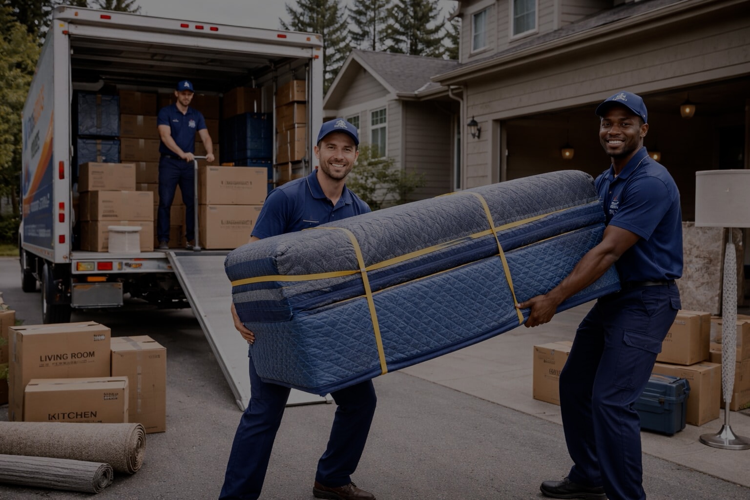 Two professional Vancouver to Hamilton movers carrying a wrapped sofa while a third loads boxes into a moving truck in a suburban driveway