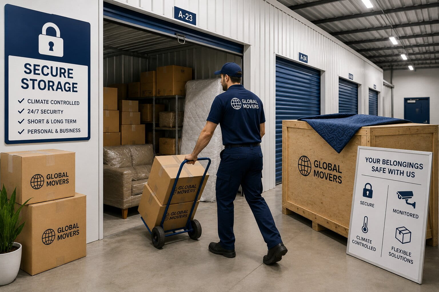 Professional storage facility with moving boxes, furniture, wooden crates, and a mover placing belongings into a secure storage unit.