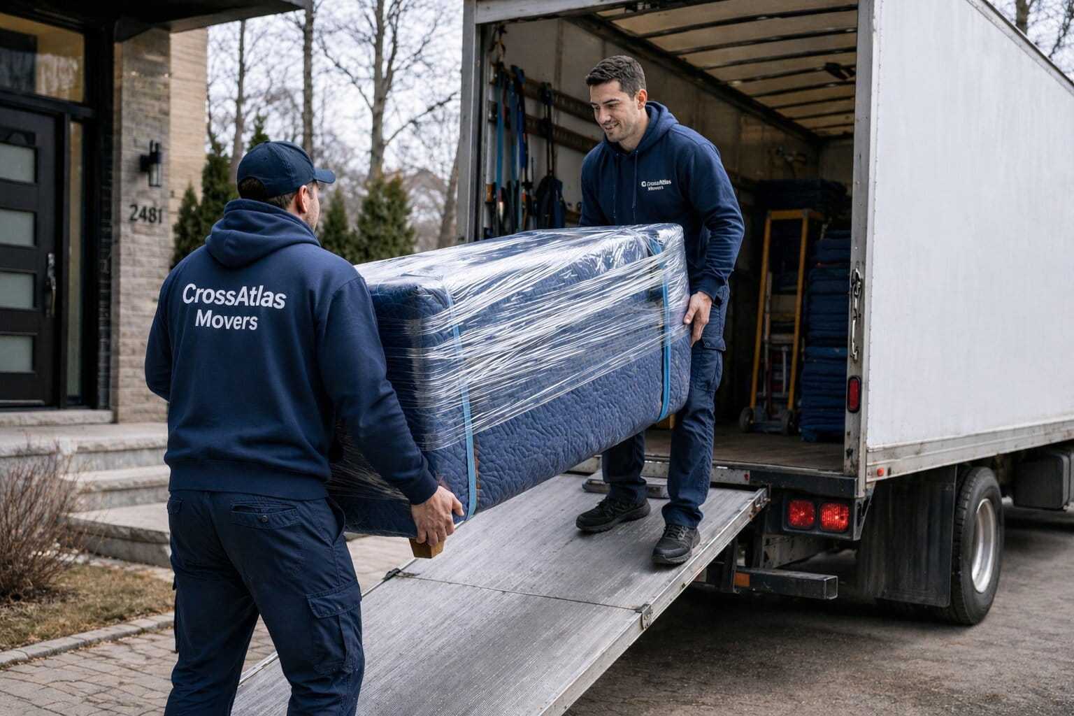 Two professional movers carrying a wrapped mattress into a moving truck at a residential home Vancouver to Laval movers