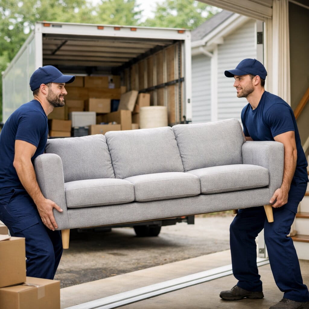 Two professional Vancouver to St.John's movers carrying a sofa from a house to a moving truck during a residential relocation