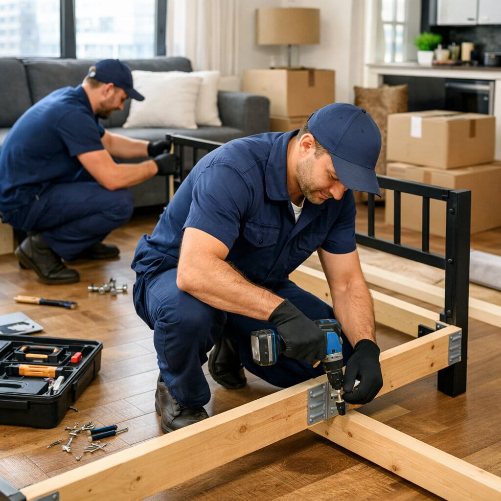 Movers assembling a bed frame in a new home using tools after a long-distance relocation