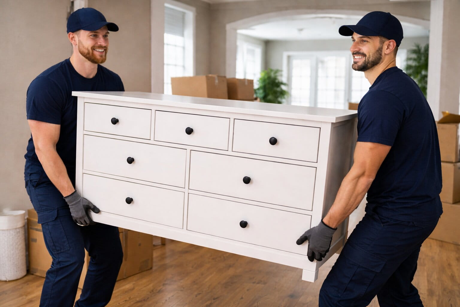 Two professional movers carefully carrying a dresser inside a home during a long-distance move