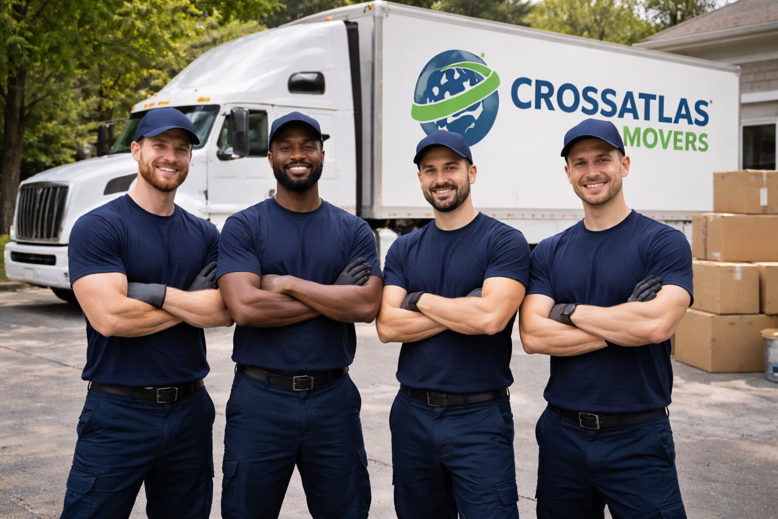 Four professional movers standing confidently in front of a long-distance moving truck